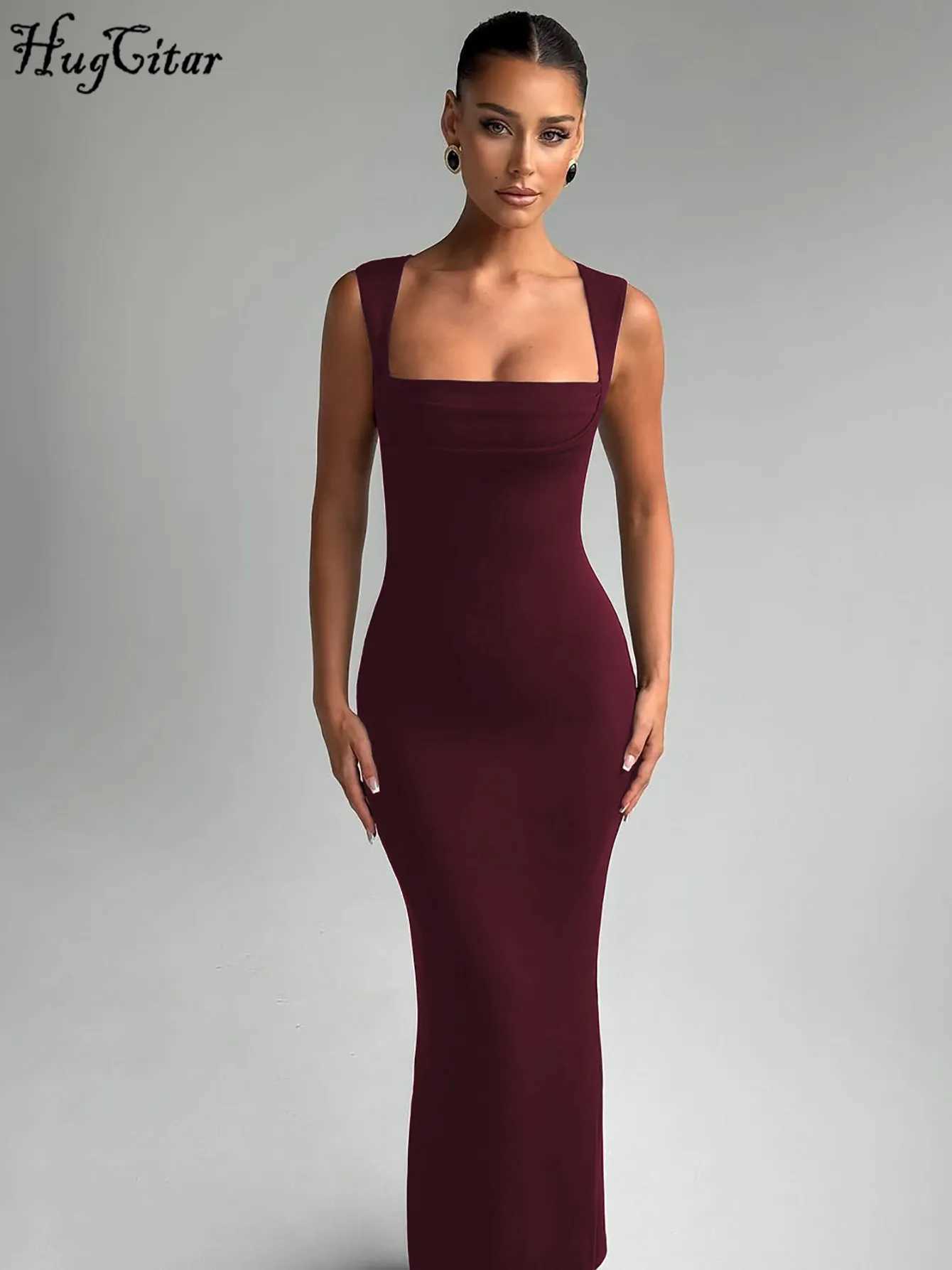 Hugcitar Women Elegant Solid Square Collar Straps Sexy Bodycon Maxi Prom Dress Summer Women Y2K Clothes Evening Party Birthday C260331