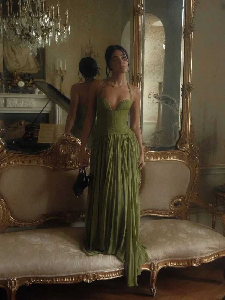 Green Fishbone Corset Halter Maxi Dress Women Backless Off Shoulder Pleated Heart Neck Slim Robe Lady Christmas Party Gown New C260331