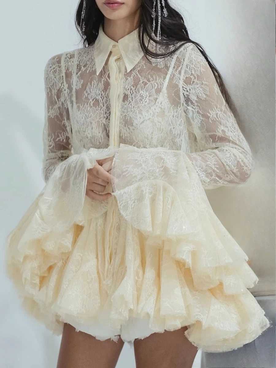 TWOTWINSTYLE Sheer Spliced Ruffles Folds Mini Dresses for Women Lapel Long Sleeves Patchwork Single Breasted Sexy Dress Female C260331