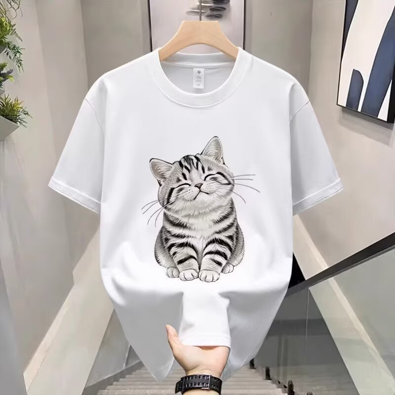 Men's INS Korean-Style T-Shirts | Cute Age-Reducing Cartoon Cat Graphic Black Crew Neck Regular Fit Versatile Skin-Whitening Casual Tops