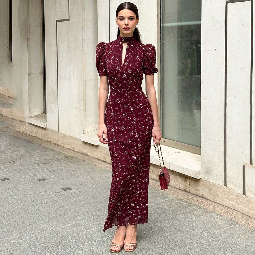Linad Spring Elegant Print Long Dress Vintage High Waist Puff Sleeve Dresses Lady Casual Chiffon Turtleneck Dress For Women 2026 C260331