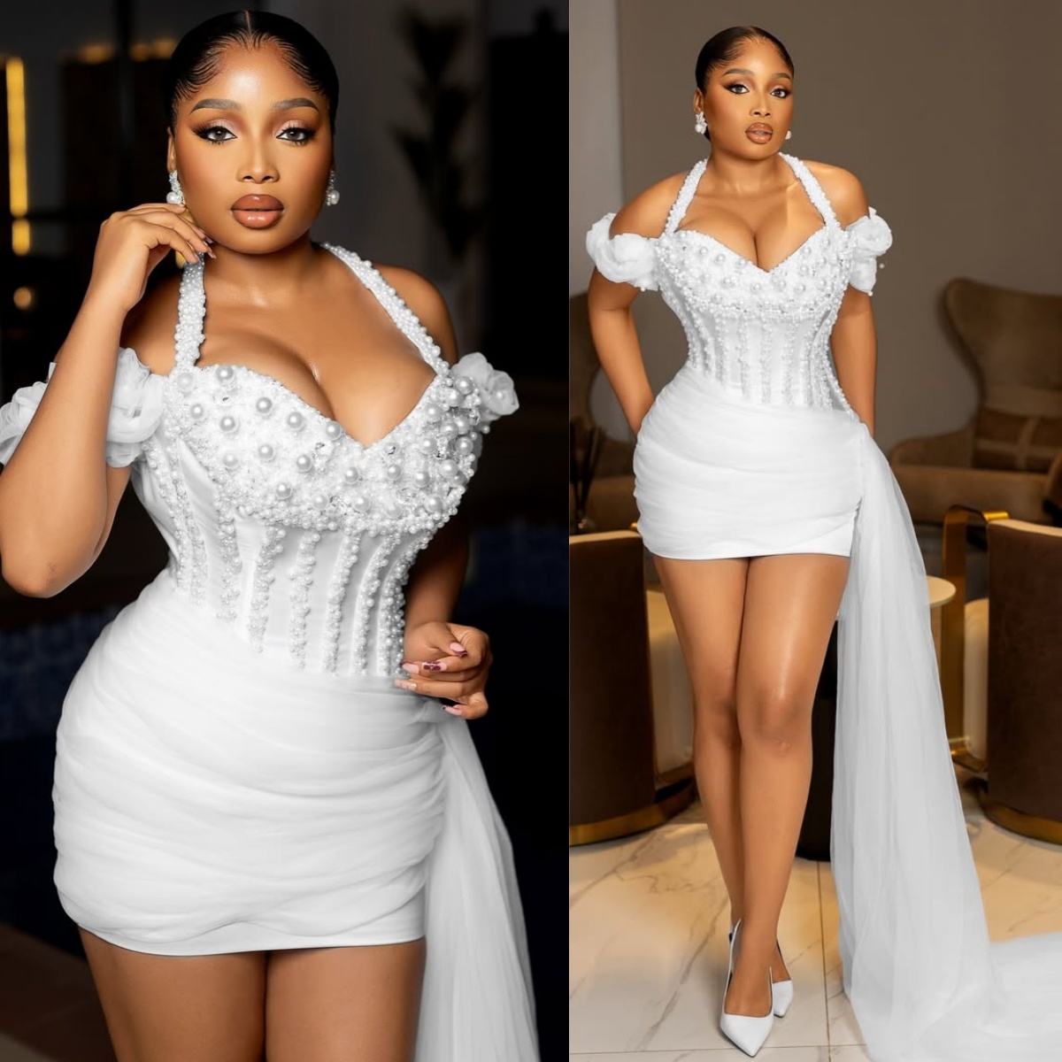 2026 Aso Ebi White Cocktail Dresses For Women Homecoming Dress Halter Tulle Sequined Lace Pearls Short Prom Dresses For Black Girls C506
