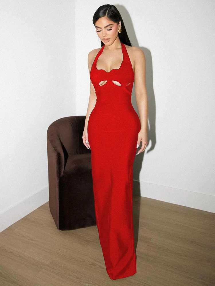 VC Black Halter Elegant Dress For Women 2025 New Summer Evening Party Celebrity Bodycon Long Dress Red Brown Prom Vestido C260331