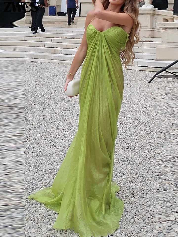 Green Pleated Party Gowns 2026 Summer New Female Sexy Off Shoulder Sleeveless Backless Sling Dresses Womens Solid Long Dress C260331