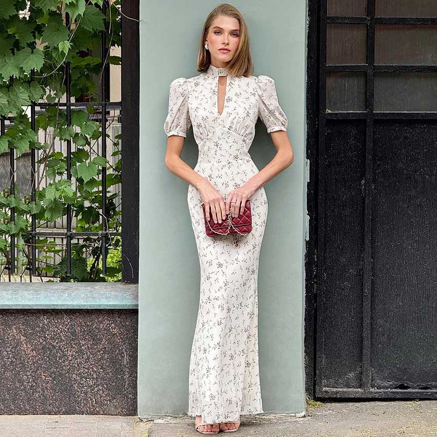 Linad Spring Elegant Print Long Dress Vintage High Waist Puff Sleeve Dresses Lady Casual Chiffon Turtleneck Dress For Women 2026 C260331