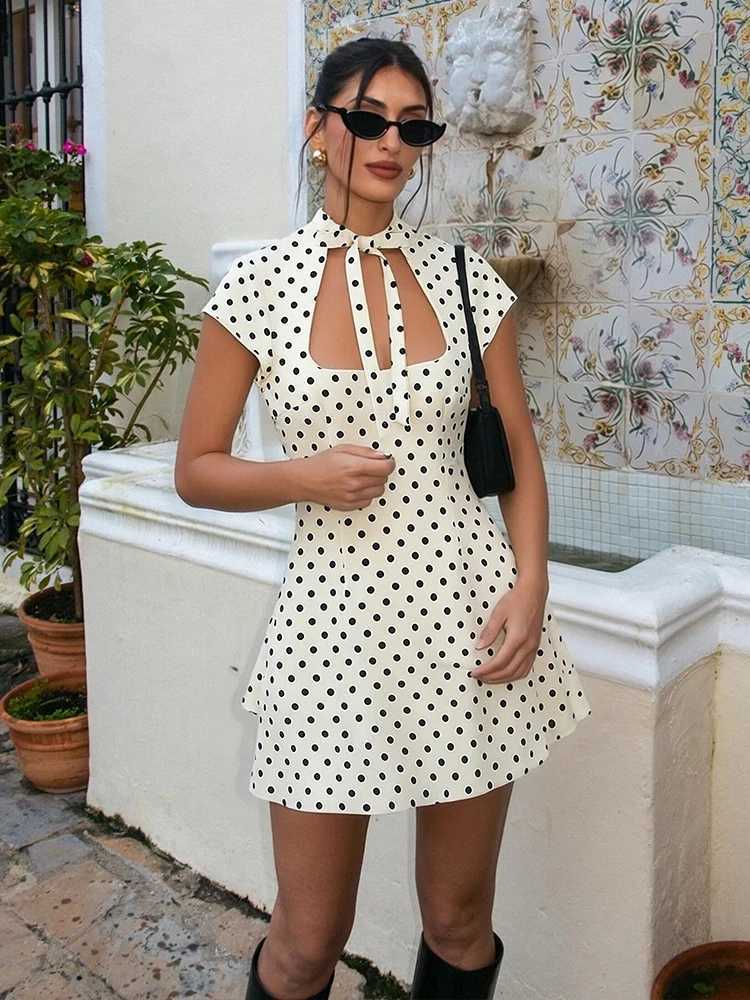 HH Summer Fashion Womens Polka Dot Mini Dress 2026 Short Sleeve Lace Up Collar Party Dress Female Hollow Out Sexy Evening Dress C260331