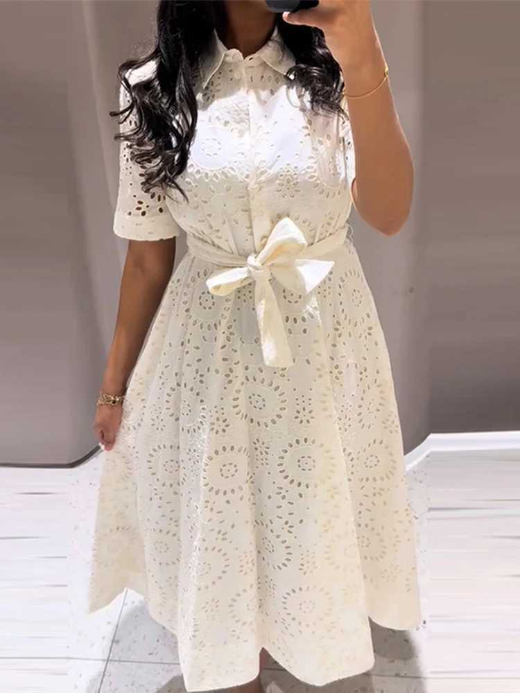Elegant Embroidered Lapel Hollow Dress Women Fashionable Short Sleeve Belt High Waist Maxi Dresses Female Summer Chic Casual C260331