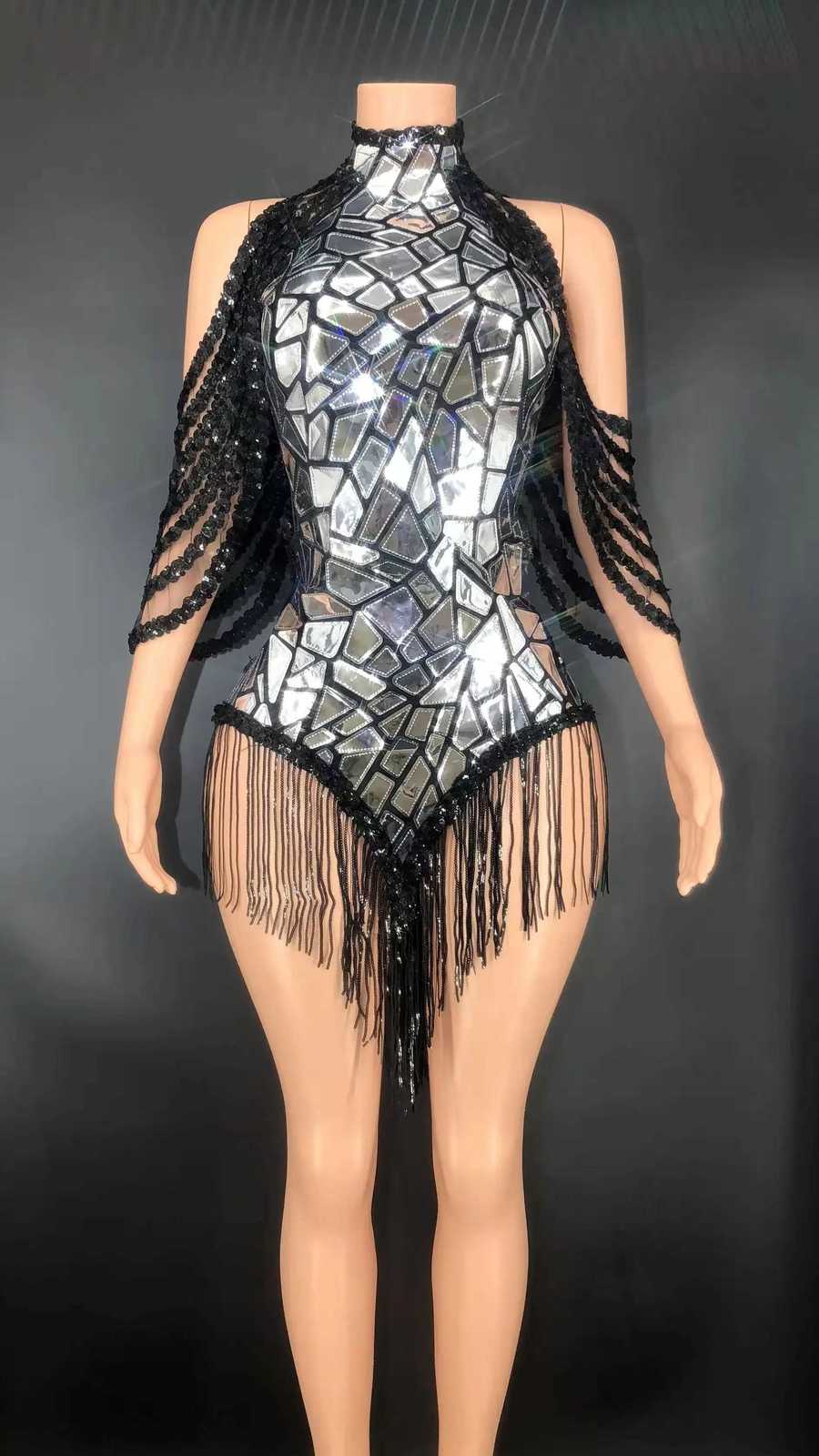 Tassel Performance Costume Bar Dancer Night Club Dress Stage Wear Sparkly Silver Fade Mirrors Women Sexy Bodycon Mini Dress C260331