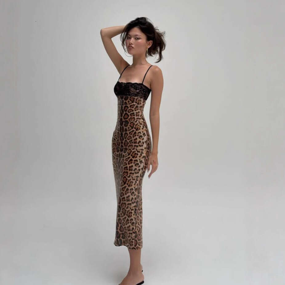European And American New Fashion Sexy Leopard Print Sequin Strap Split Lace Patchwork Dress For Women Luanyun