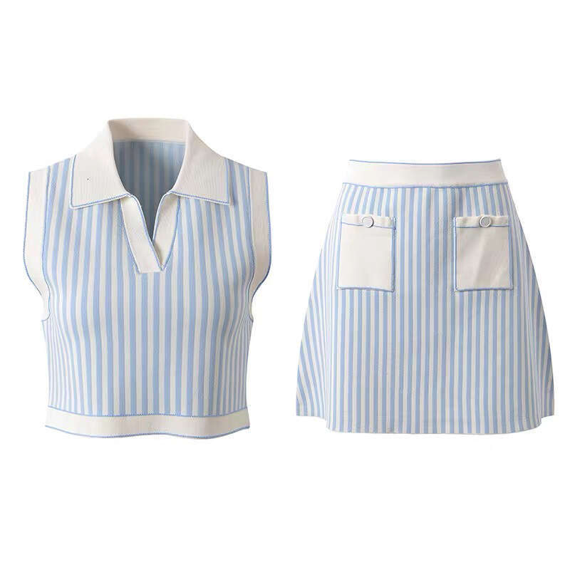 2026 Summer Designer French Style Blue and White Vertical Stripe Small Collar Knitted Tank k30 Top and Skirt Set