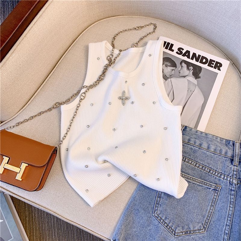 Summer Sexy Sleeveless Vest Korean Fashion Inlay Diamond Luxury Slim Fit Knitting Tank Tops Women Camis Clothes