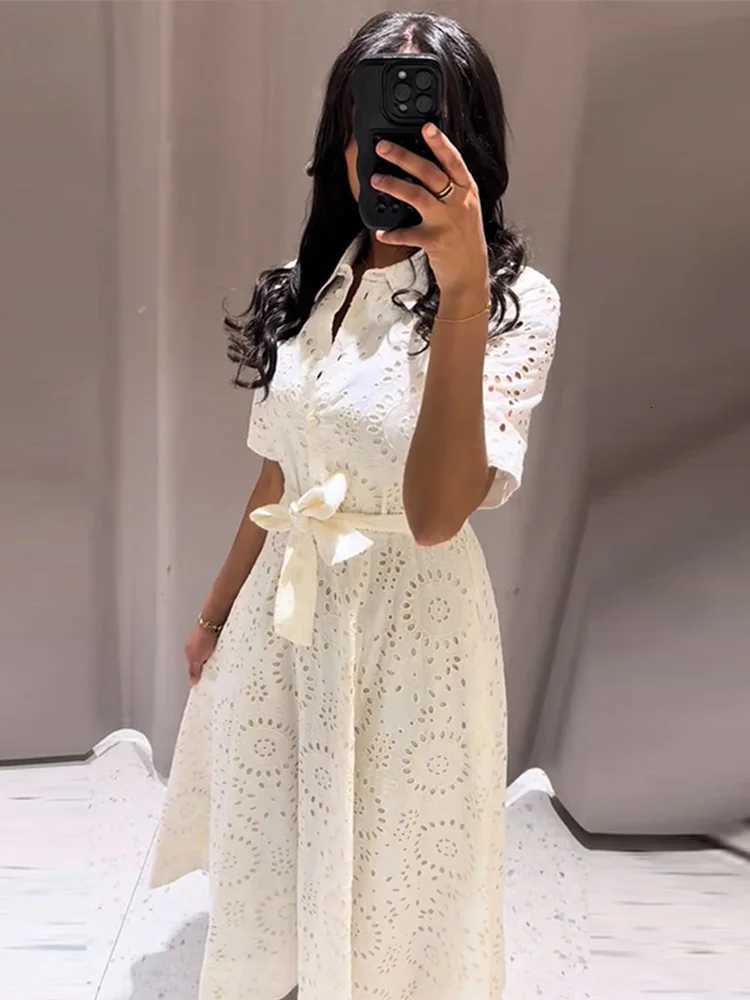 Elegant Embroidered Lapel Hollow Dress Women Fashionable Short Sleeve Belt High Waist Maxi Dresses Female Summer Chic Casual C260331