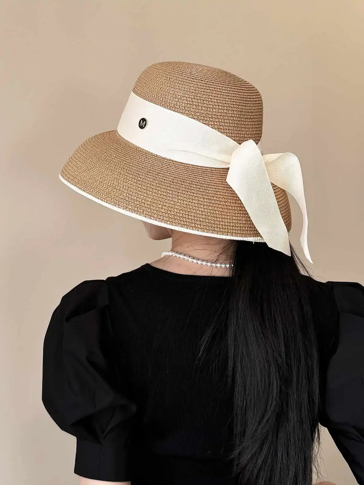 Womens French Retro Straw Sun Hat with Bow Detail - Hepburn Style Elegant Wide Brim UPF 50 Sun Protection for Beach Vacation 260330