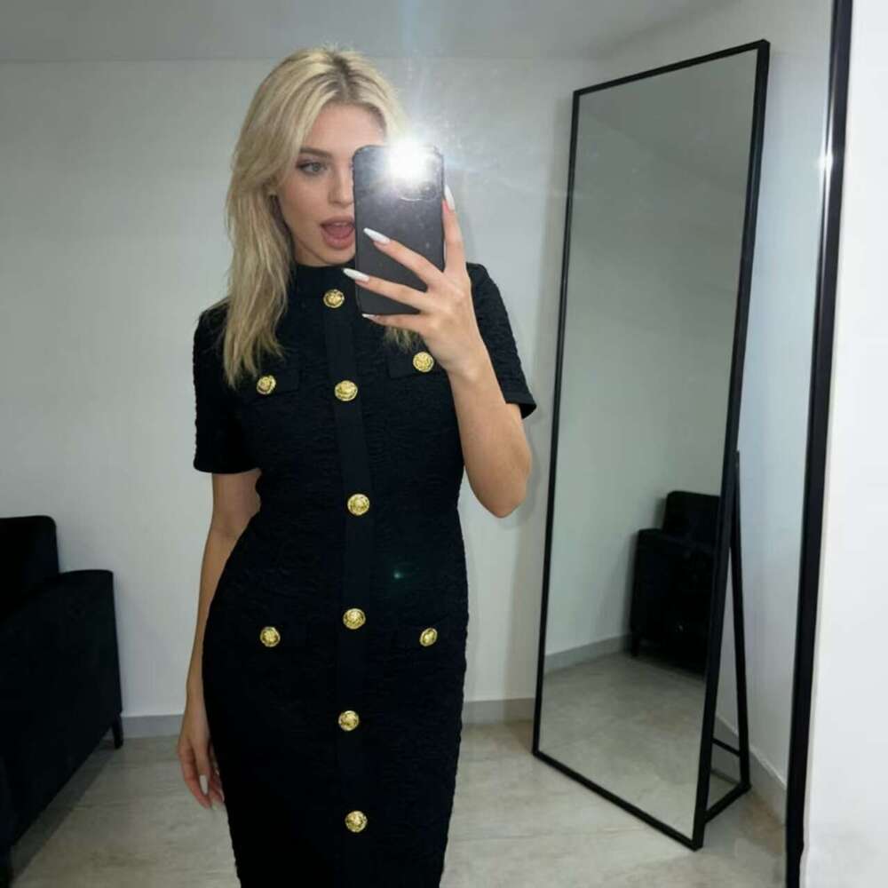 k30 2026 FC Spring and Summer New Elegant and Exquisite Metal Buckle Slimming Short Sleeve Long Skirt Medium Length Tight Dress