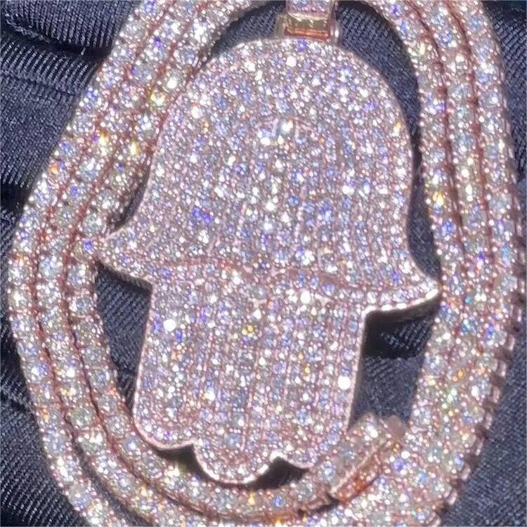 Real Vvs Diamond Hamsa Hand Pendant With Tennis Necklace Iced Out Hiphop 925 Sterling Silver Moissanite Pendant