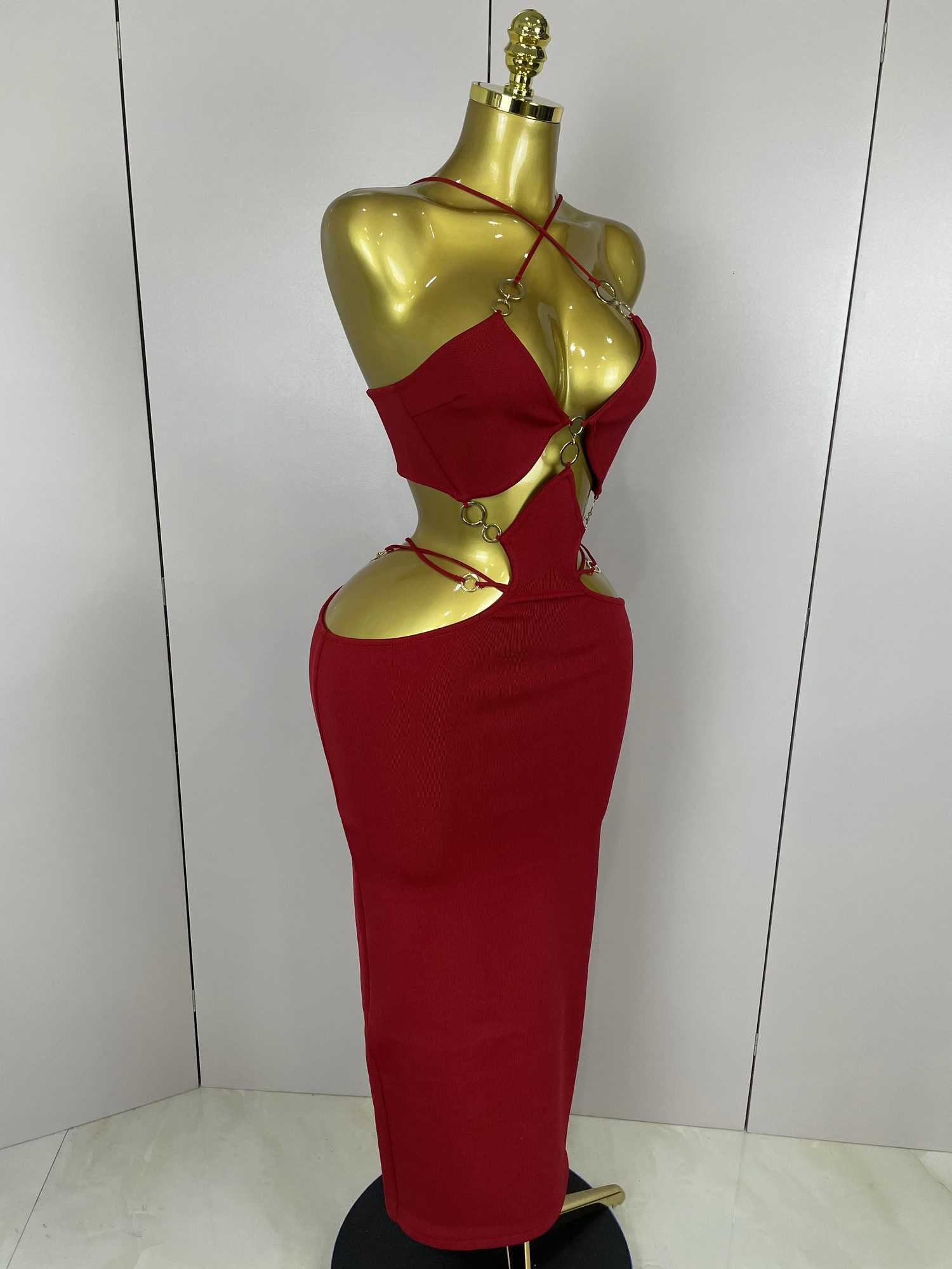 Sexy Halter Hollow Out Sleeveless Black Red Bodycon Long Bandage Dress 2025 Women Celebate Elegant Luxury Birthday Club Dress C260331