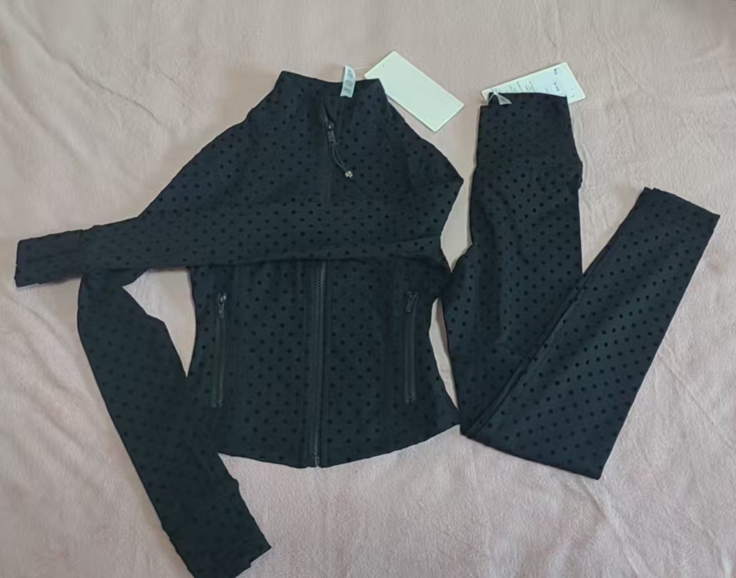 Flocked Polka Dot Yoga Set DF jacket Womens Stand Collar Slim Fit LongShort Jacket with Polka Dot Leggings Yoga 2-Piece Set