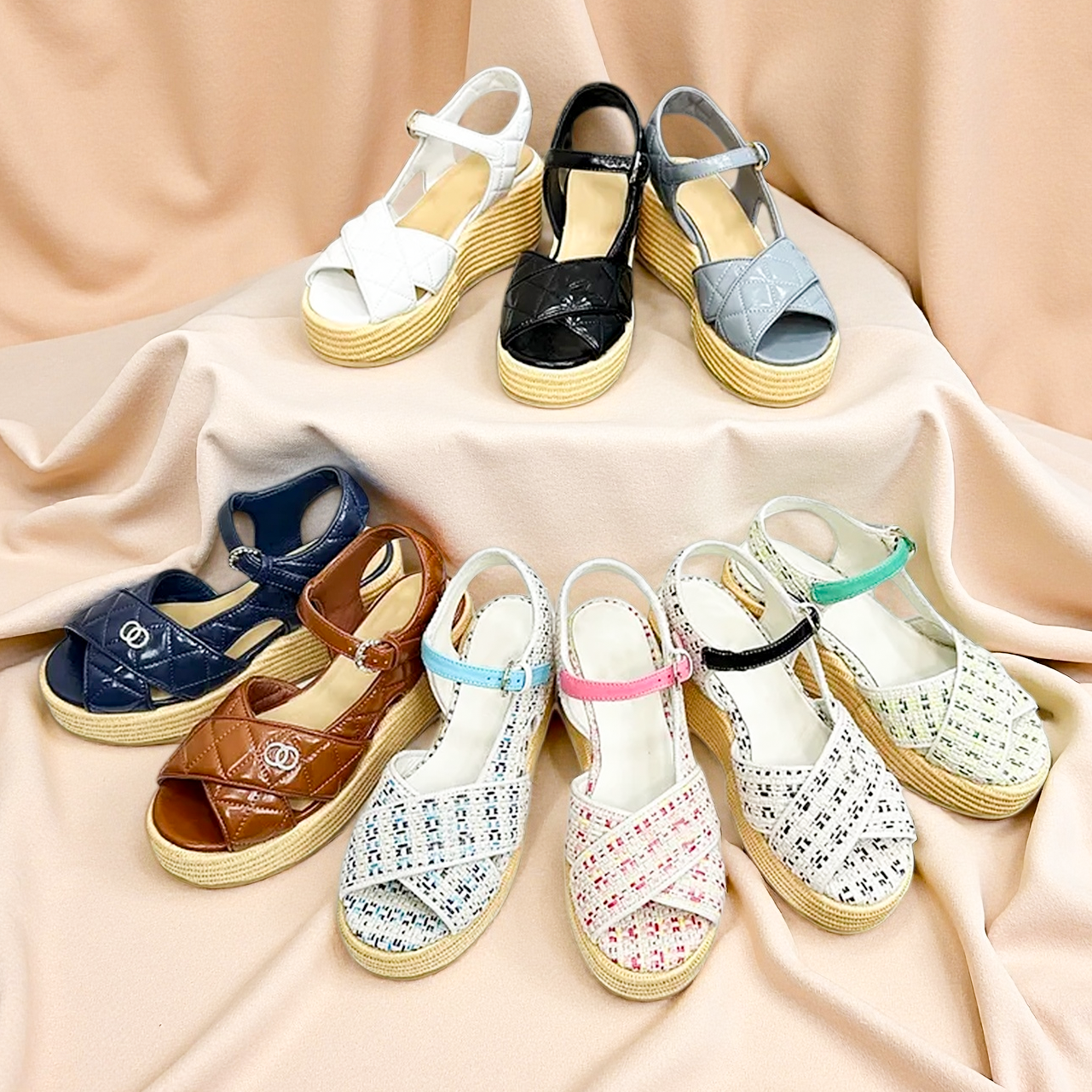 High Heel Sandals wedge sliders Designer beach shoe woman quilted Patent Leather Raffias Tweed luxury casual shoe Summer outdoor slide travel dance platform shoes