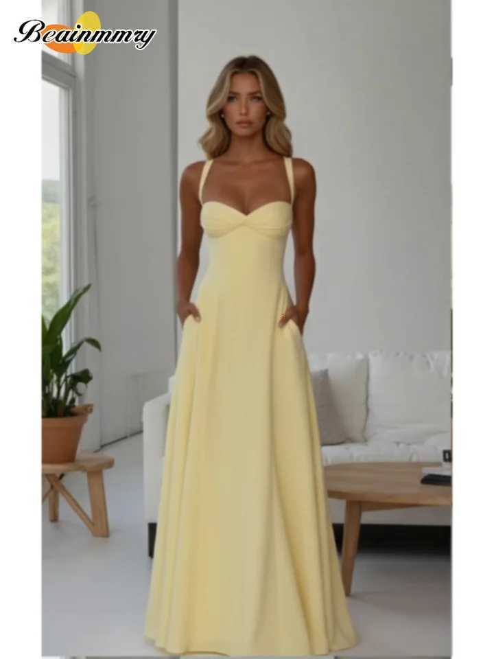 Yellow Low Cut Backless Lace Up High Waisted Maxi Dress Sleeveless Waist Cincher Spaghetti Strap Vestidos Party Club Women Robe C260331