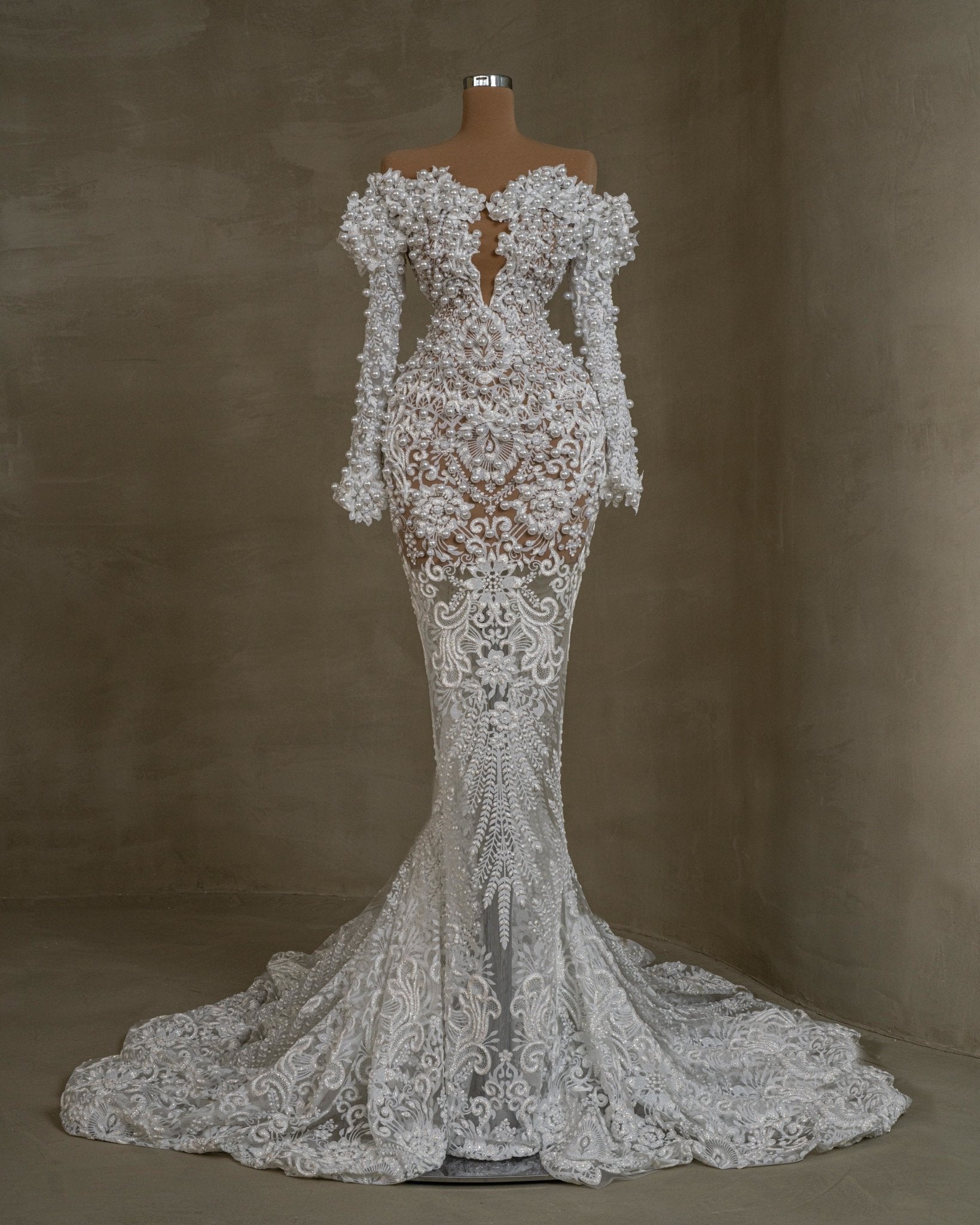 Elegant Appliques Wedding Dresses Mermaid Off Shoulder Pearls Long Sleeve Bridal Gowns Customized Vestido de novia