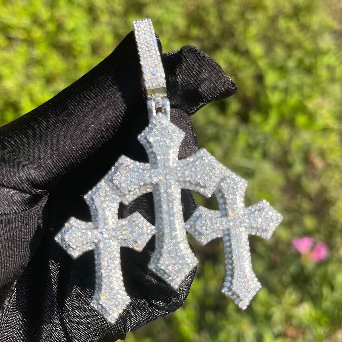 Hip Hop Iced Out Cross Charm Pendant Moissanite Diamond Cross Pendant Necklace Two Layers Triple Cross Pendant for Men Jewelry