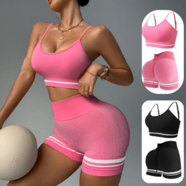 Seamless Colorblock Yoga Set for Women Cropped Short Sleeve Crop Top High Waisted Butt Lifting Workout Shorts for Gym Running Fitness