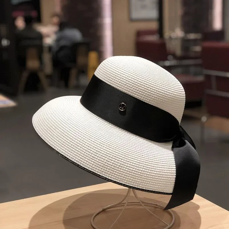 Womens French Retro Straw Sun Hat with Bow Detail - Hepburn Style Elegant Wide Brim UPF 50 Sun Protection for Beach Vacation 260330
