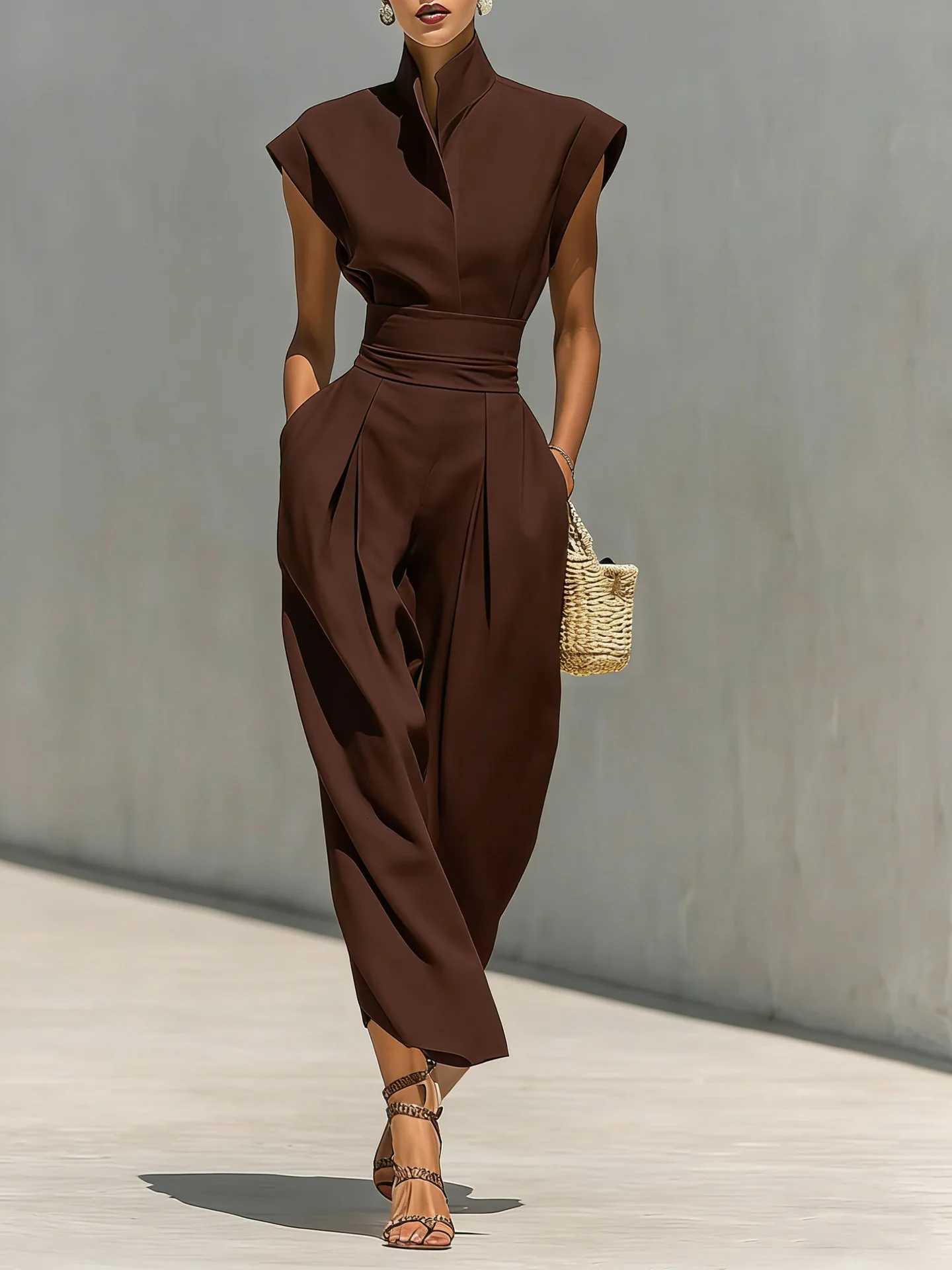 Summer New High Waist Pocket Dress Elegant Lady Slim Pleated Midi Dresses Fashion Solid Stand Collar Sleeveless Commuting Dress C260331