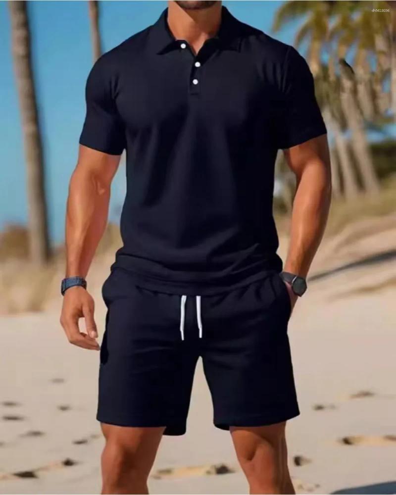 Men's Tracksuits Men's Business Casual Beach Sports Two-piece Set Drawstring Elastic Waist Shorts Button Access Control Lapeltop