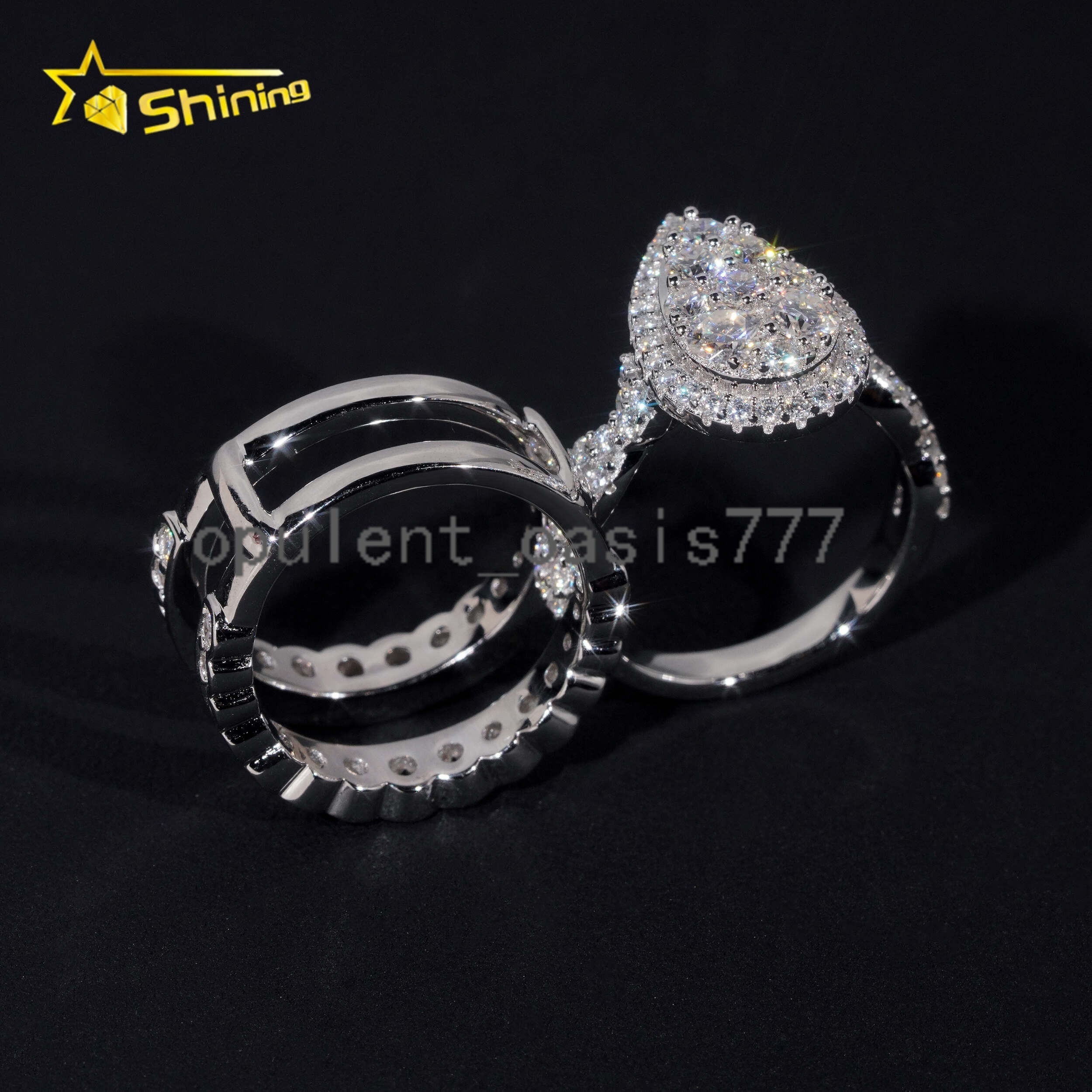Trendy 925 Silver Rhodium Plated Custom Full VVS Moissanite Diamond Wedding Engagement Rings Set for Women
