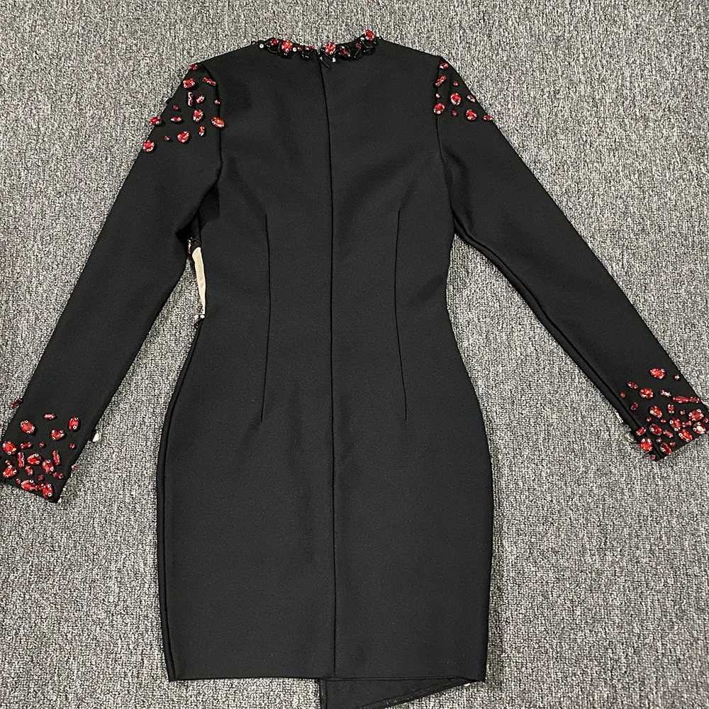 Women Long Sleeve Bandaeg Dress Red Crystal Cut Out Mesh Inset Deep V Neck Bodycon Mini High Street Evening Club Party Dresses C260331