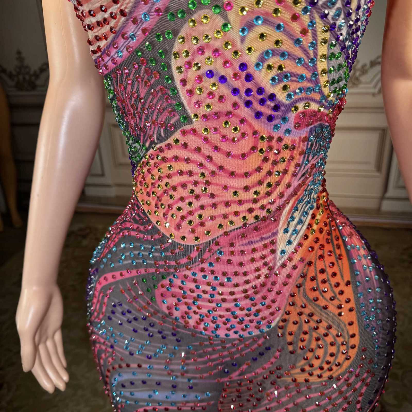 ZD Plus Size Sexy Sheer Mesh Dress with Low Back Colorful Rhinestones - Glamorous Nightclub Party Gown for Women C260331