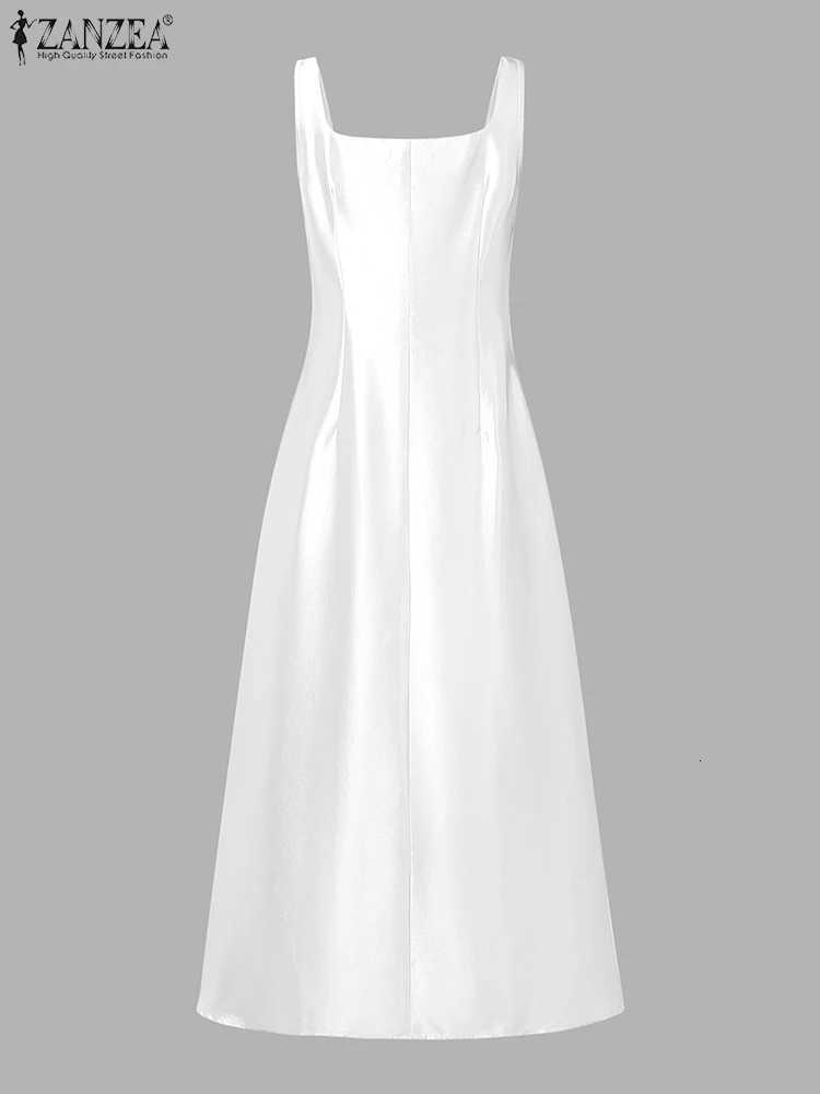 ZANZEA Womens Elegant White Satin Long Dresses Wedding Guest Cocktail Evening Party Dress Square Neck Sleeveless Woman Clothes C260331