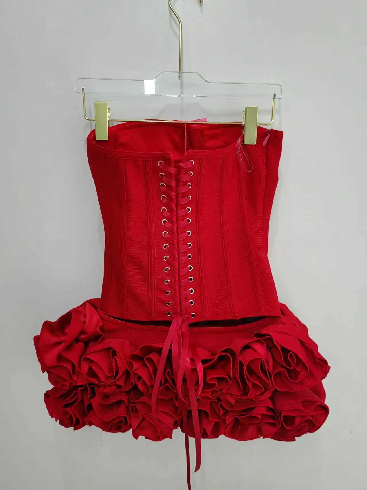 Real Photos Red Club Outfits Women Bandage Strapless Corset Crop Top and Flowers Mini Short Skirt Two Piece Sets Evening Dress C260331