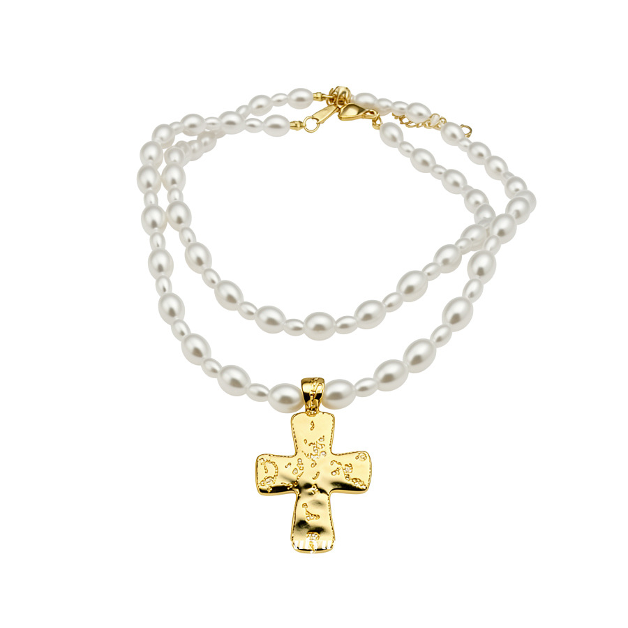 Fashionable European-American Cross Necklace - Unique Pearl Collarbone Chain Design - view 8