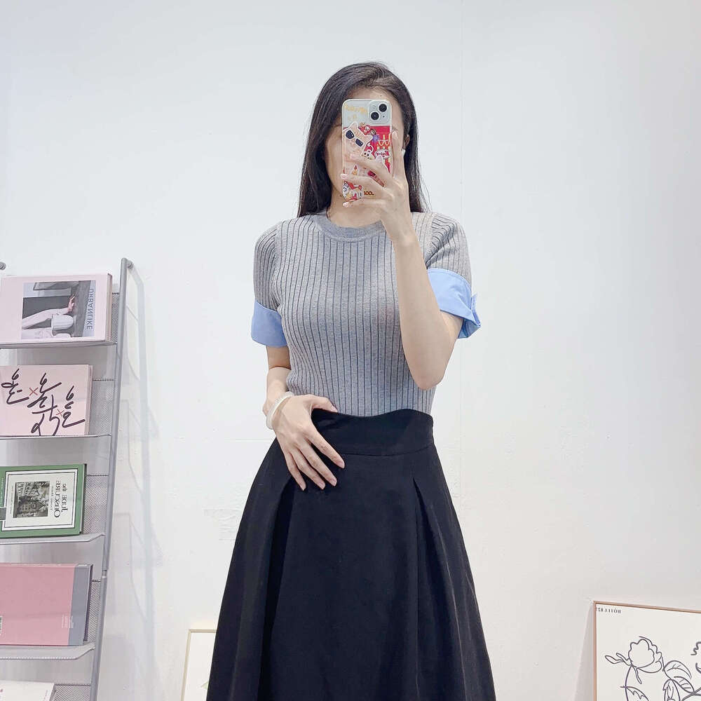 Designer women's French light luxury slim ribbed sweater with contrasting color k30 splicing short sleeved round neck knitted top