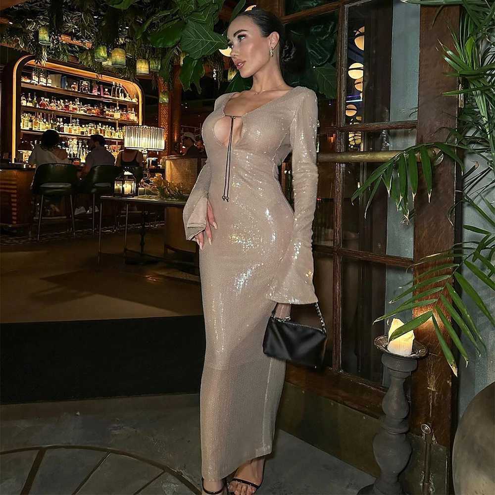 Elegant Deep V Sequin Long Sleeve Party Dress for Women Backless Lace Up Midi Dress Ankle Length Evening Dress Formal Gown Wear C260331
