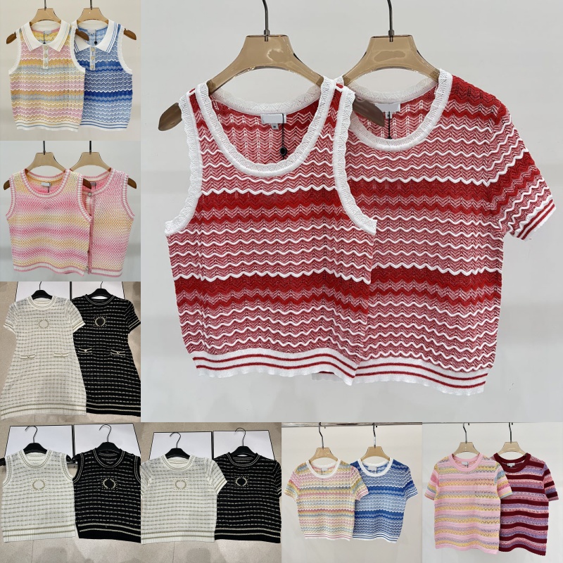 Luxury Women Rainbow Knits Letter Knitted t Shirt Vest Dress Designer Striped Short Sleeve Tees Summer Slim Fit Sports Tennis Tanks Tops Dress