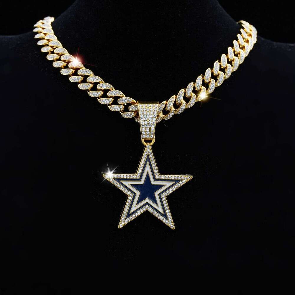 Full-Diamond Five-Pointed Star Colorful Hip-Hop Pendant, European American Trendy Rap Style, Versatile High-End Cuban Chain Necklace For Both Men And  - view 3