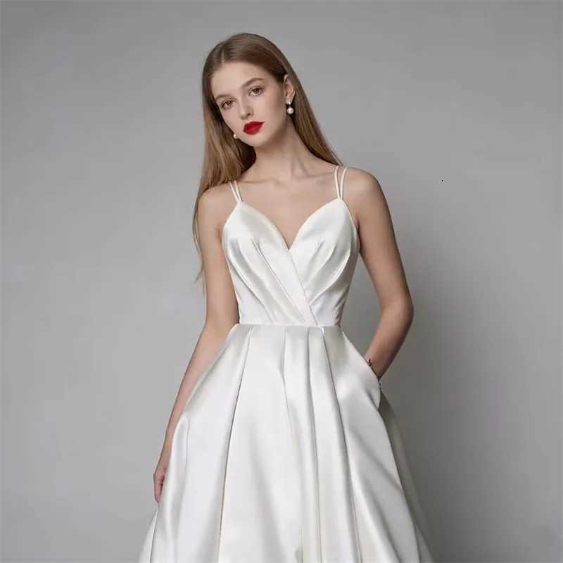 Customized Simple Satin Slit Solid Wedding Dresses Sexy Spaghetti Straps Pleats A Line Bridal Gown Vestido De Noiva with Pockets C260331