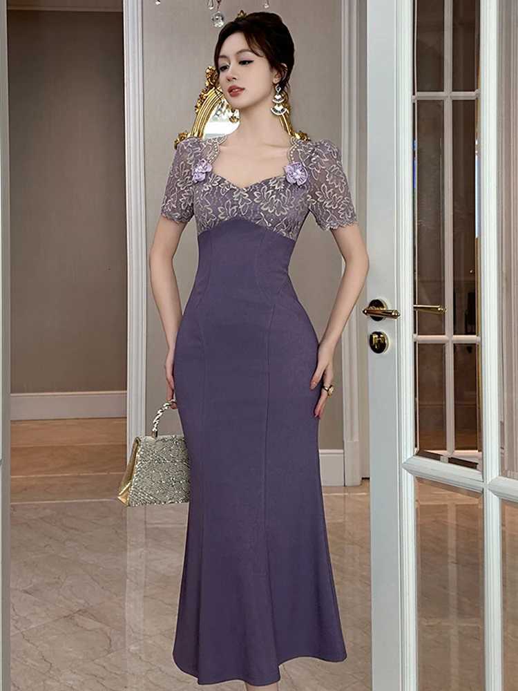 Elegant Evening Dress Womens French Sweet Sheer Lace Splice Fishtail Robe Female Party Catwalk Vestidos Banquet Clothes C260331