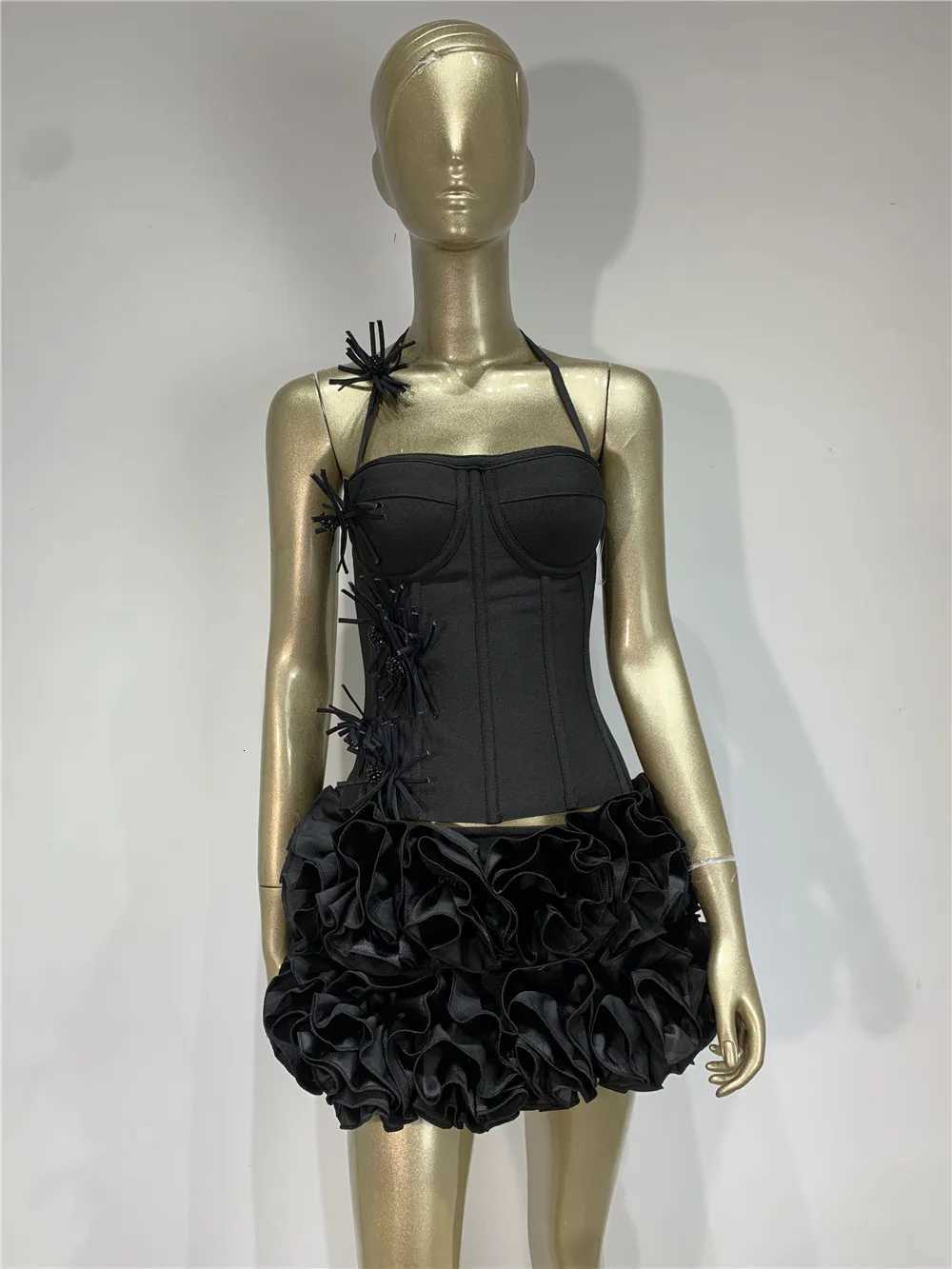 2025 New Designer Bandage Skirt Sets For Women Sexy Halter Bodycon Top And Flower Mini Skirt Two Piece Sets Evening Party Outfit C260331