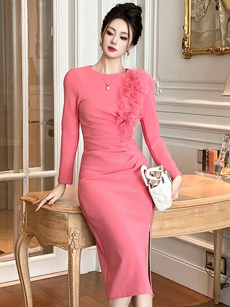 Banquet Evening Dress Women Elegant Style Flower Beading Folds Slit Robe Female Party Prom Vestidos Catwalk Gown C260331