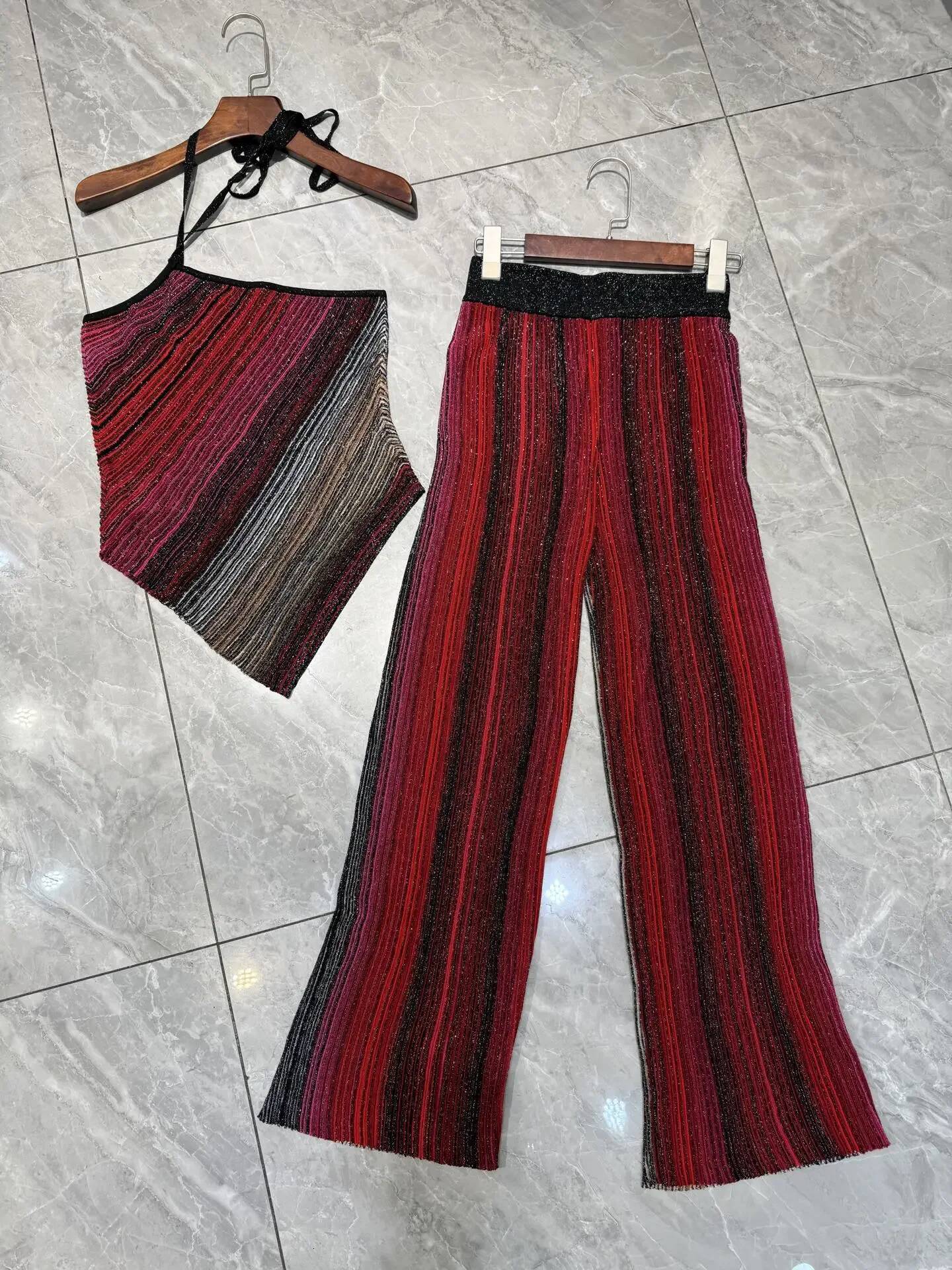Metallic Sequined Striped Women Knitted Set 2025 New Slanted Shoulder Sleeveless Sexy Camisole + Elastic Waist Straight Pants