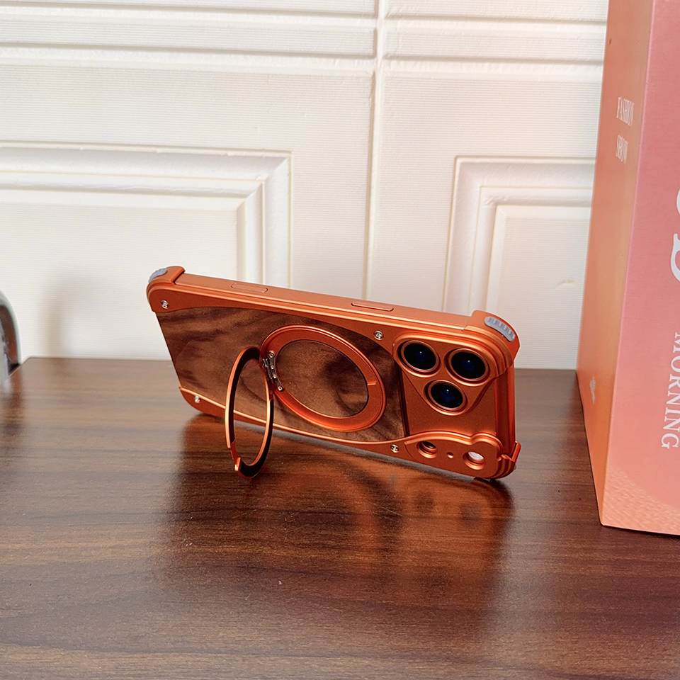 Premium Walnut Wood & Aluminum Case for iPhone 17 Pro Max, Magnetic Swivel Kickstand Cover, Half-Wrapped Industrial Design, MagSafe Compatible, DIY To