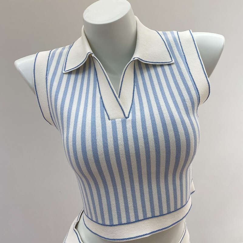 2026 Summer Designer French Style Blue and White Vertical Stripe Small Collar Knitted Tank k30 Top and Skirt Set