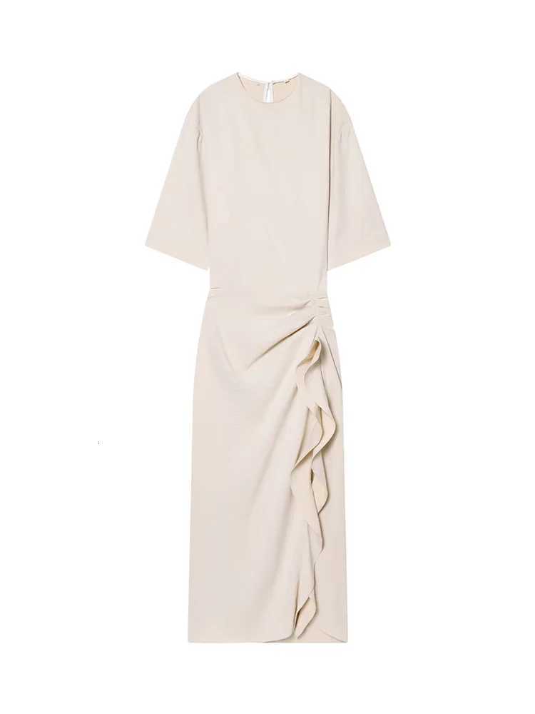 HH Women New Fashion Round Neck Pleated Short Sleeve Waist Dress Women Casual Sexy Side Zipper Button Solid Midi Summer Dress C260331