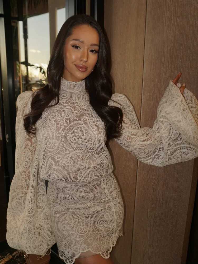 Women Solid Hollow Out Lace Mini Dress High Collar Flare Long Sleeves Short Vestidos Chic Lady Elegant Night Party Club Gowns C260331