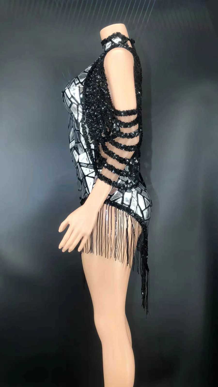 Tassel Performance Costume Bar Dancer Night Club Dress Stage Wear Sparkly Silver Fade Mirrors Women Sexy Bodycon Mini Dress C260331
