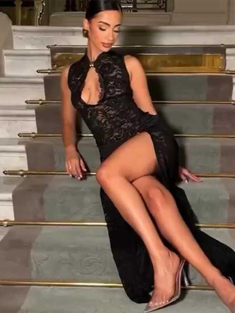 Sexy Lace Dresses For Women Fashion Solid O-Neck Sleeveless Hollow Out High Side Split Long Robes Bodycon See Through Dresses C260331